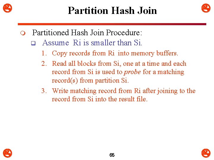  Partition Hash Join m Partitioned Hash Join Procedure: q Assume Ri is smaller