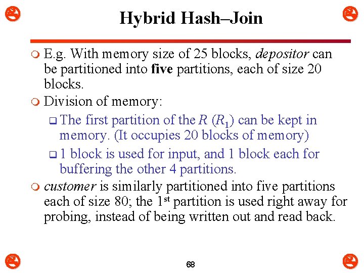  Hybrid Hash–Join E. g. With memory size of 25 blocks, depositor can be