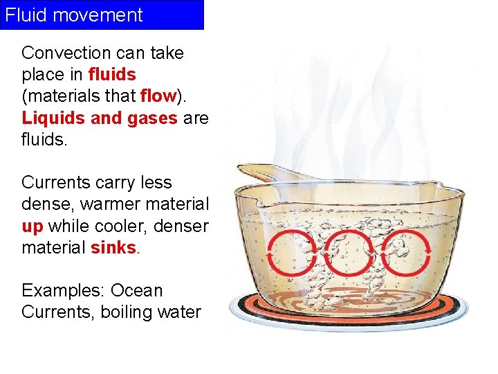 Fluid movement Convection can take place in fluids (materials that flow). Liquids and gases