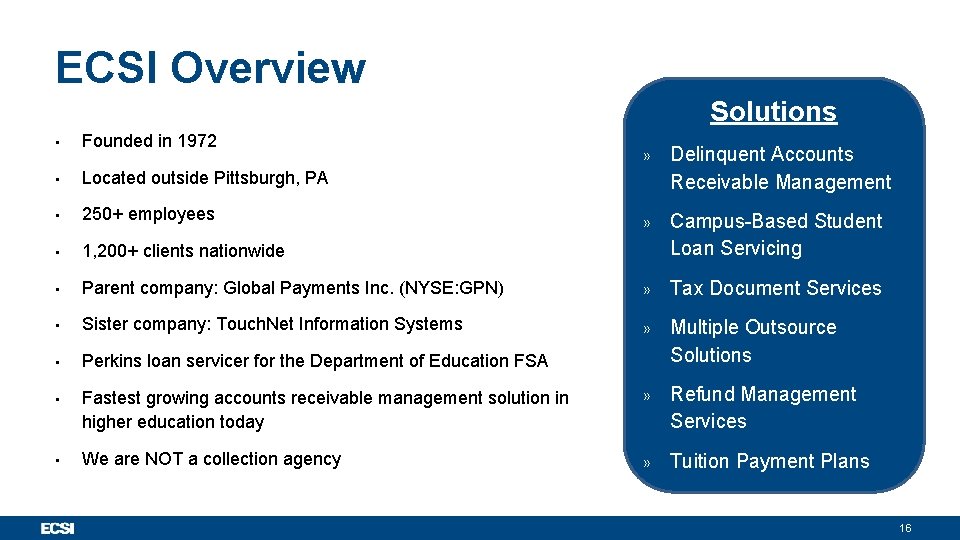 ECSI Overview Solutions • Founded in 1972 • Located outside Pittsburgh, PA • 250+ ECSI Overview Solutions • Founded in 1972 • Located outside Pittsburgh, PA • 250+