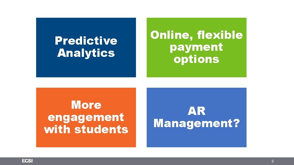 Predictive Analytics Online, flexible payment options More engagement with students AR Management? 8 Predictive Analytics Online, flexible payment options More engagement with students AR Management? 8