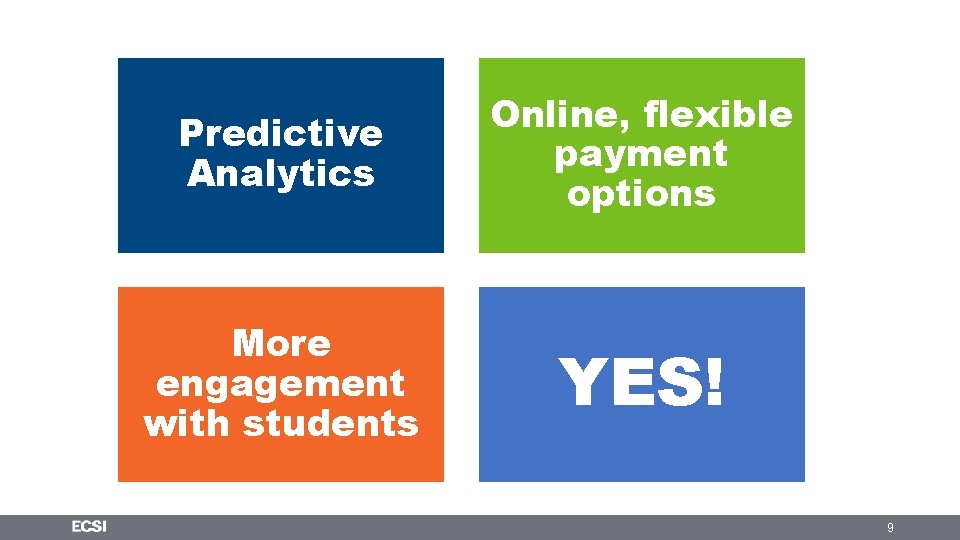 Predictive Analytics Online, flexible payment options More engagement with students YES! 9 Predictive Analytics Online, flexible payment options More engagement with students YES! 9