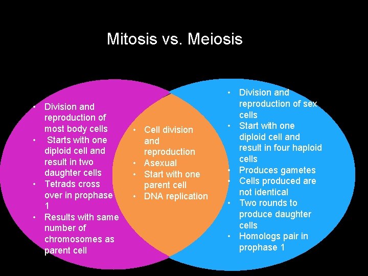 Mitosis vs. Meiosis • Division and reproduction of most body cells • Starts with
