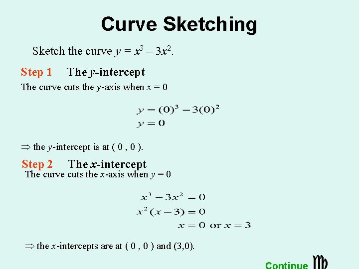 Curve Sketching Sketch the curve y = x 3 – 3 x 2. Step