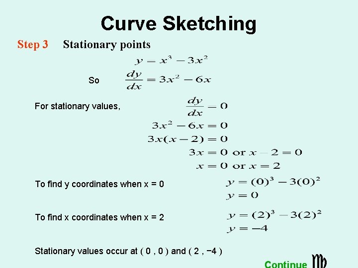 Curve Sketching Step 3 Stationary points So For stationary values, To find y coordinates