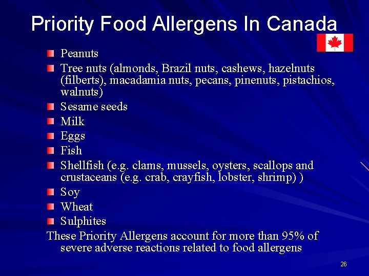 Priority Food Allergens In Canada Peanuts Tree nuts (almonds, Brazil nuts, cashews, hazelnuts (filberts),