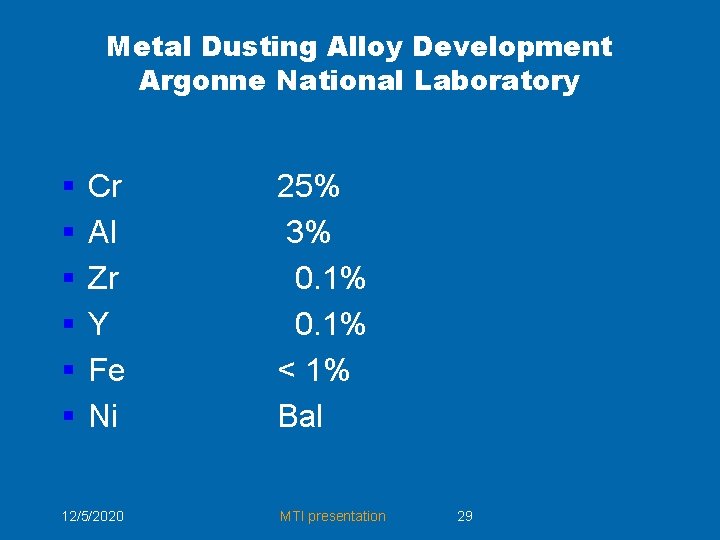 Metal Dusting Alloy Development Argonne National Laboratory § § § Cr Al Zr Y