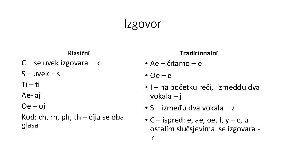 Izgovor Klasični C – se uvek izgovara – k S – uvek – s