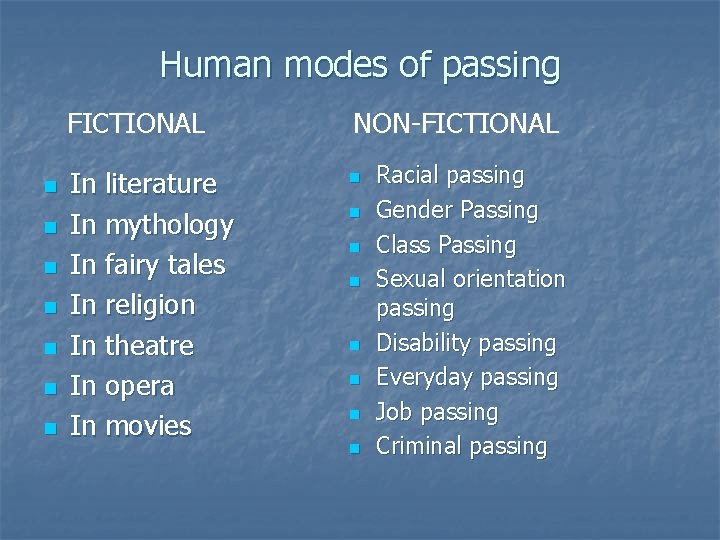 Human modes of passing n n n n FICTIONAL NON-FICTIONAL In literature In mythology