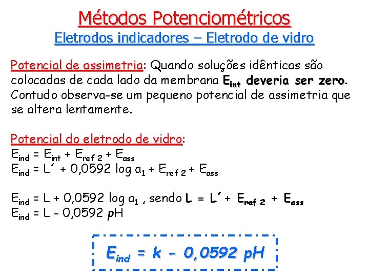 Métodos Potenciométricos Eletrodos indicadores – Eletrodo de vidro Potencial de assimetria: assimetria Quando soluções