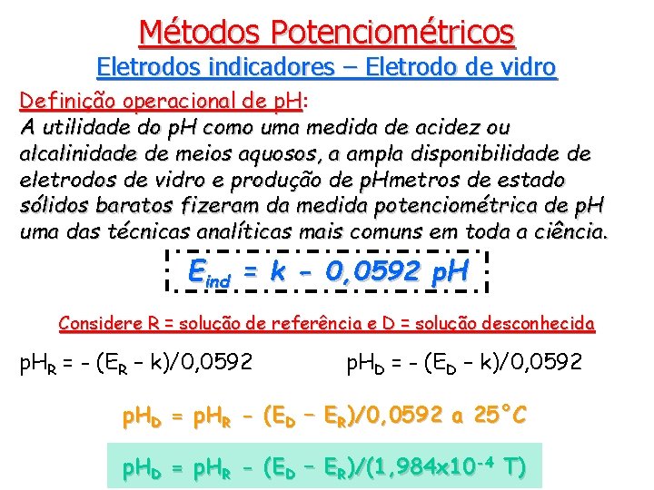 Métodos Potenciométricos Eletrodos indicadores – Eletrodo de vidro Definição operacional de p. H: p.