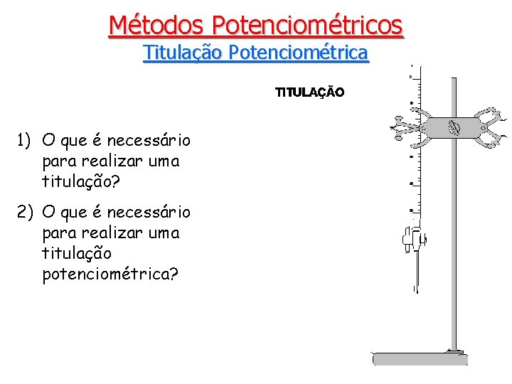 Métodos Potenciométricos Titulação Potenciométrica 1) O que é necessário para realizar uma titulação? 2)