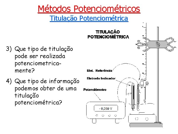 Métodos Potenciométricos Titulação Potenciométrica 3) Que tipo de titulação pode ser realizada potenciometricamente? 4)