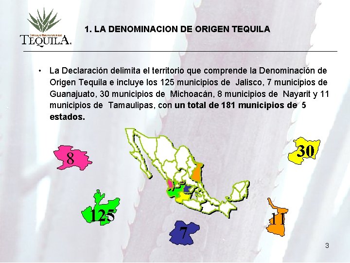 1. LA DENOMINACION DE ORIGEN TEQUILA • La Declaración delimita el territorio que comprende