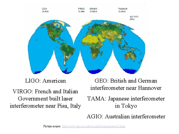 Locations of detectors LIGO: American VIRGO: French and Italian Government built laser interferometer near