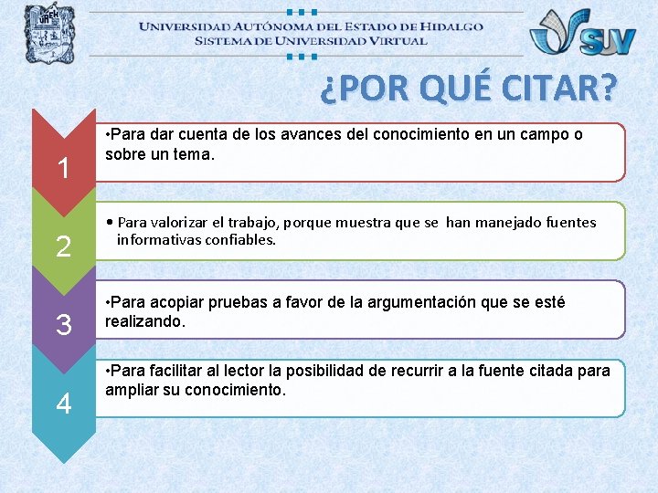 ¿POR QUÉ CITAR? 1 2 3 4 • Para dar cuenta de los avances