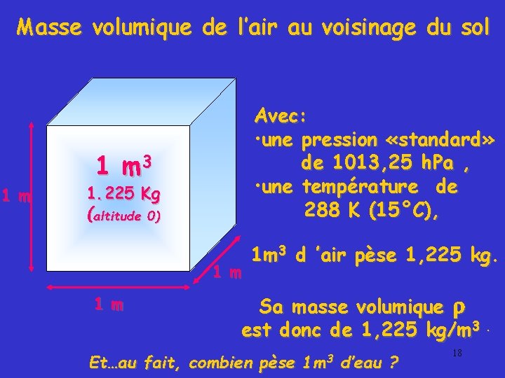Masse volumique de l’air au voisinage du sol 1 m Avec: • une pression