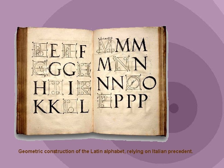 Geometric construction of the Latin alphabet, relying on Italian precedent. 