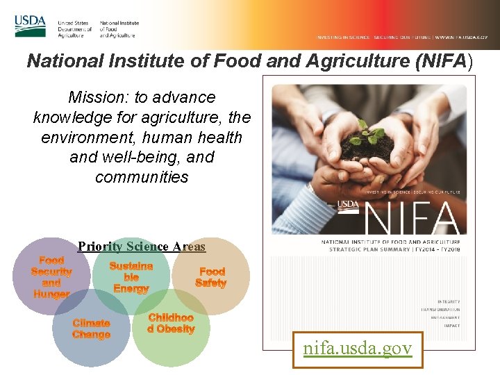National Institute of Food and Agriculture (NIFA) Mission: to advance knowledge for agriculture, the