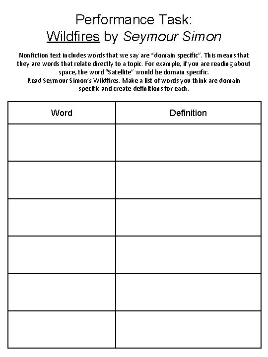 Performance Task: Wildfires by Seymour Simon Nonfiction text includes words that we say are
