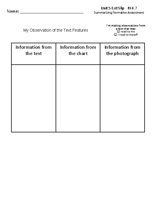 Name: ______________ My Observation of the Text Features Information from the text Unit 5