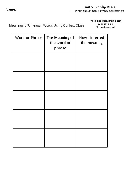 Name: ______________ Unit 5 Exit Slip RI. 4. 4 Writing a Summary Formative Assessment