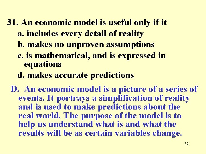 31. An economic model is useful only if it a. includes every detail of