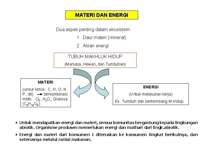 MATERI DAN ENERGI Dua aspek penting dalam ekosistem : 1. Daur materi (mineral) 2.