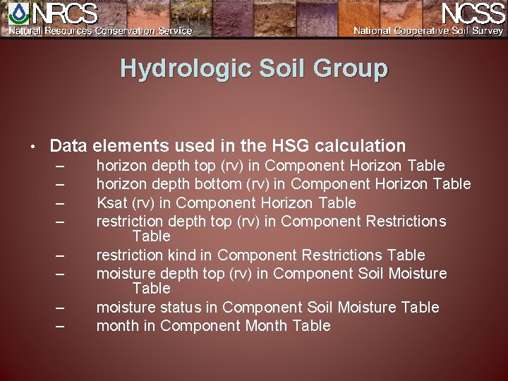 Hydrologic Soil Group • Data elements used in the HSG calculation – – –