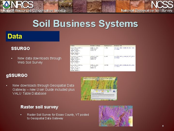 Soil Business Systems Data SSURGO • New data downloads through Web Soil Survey g.