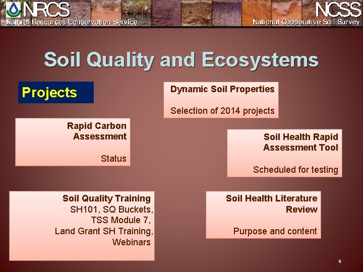 Soil Quality and Ecosystems Dynamic Soil Properties Projects Selection of 2014 projects Rapid Carbon