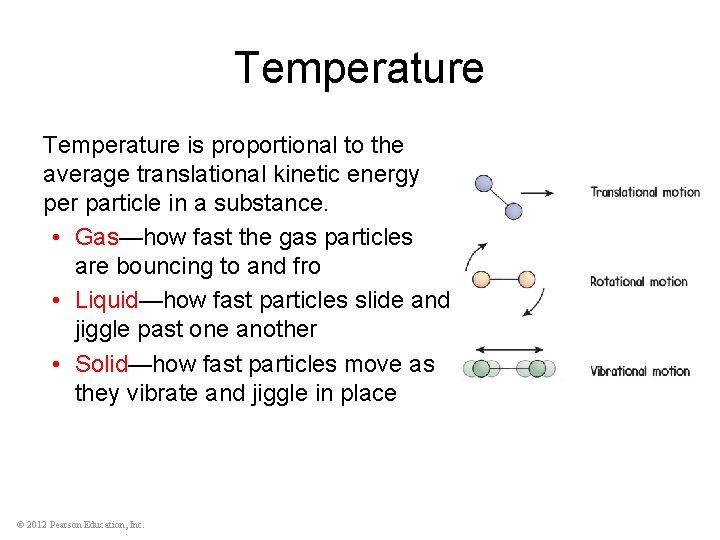 Temperature is proportional to the average translational kinetic energy per particle in a substance.