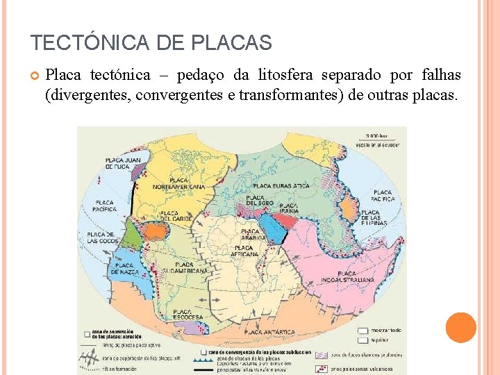 TECTÓNICA DE PLACAS Placa tectónica – pedaço da litosfera separado por falhas (divergentes, convergentes