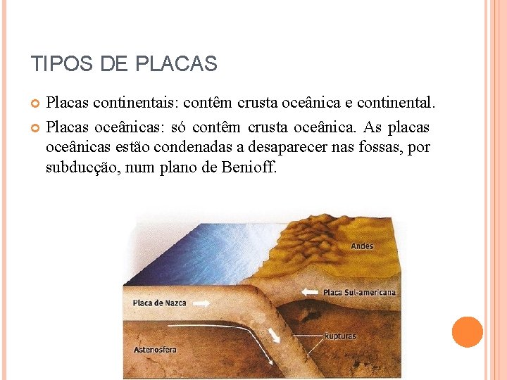 TIPOS DE PLACAS Placas continentais: contêm crusta oceânica e continental. Placas oceânicas: só contêm
