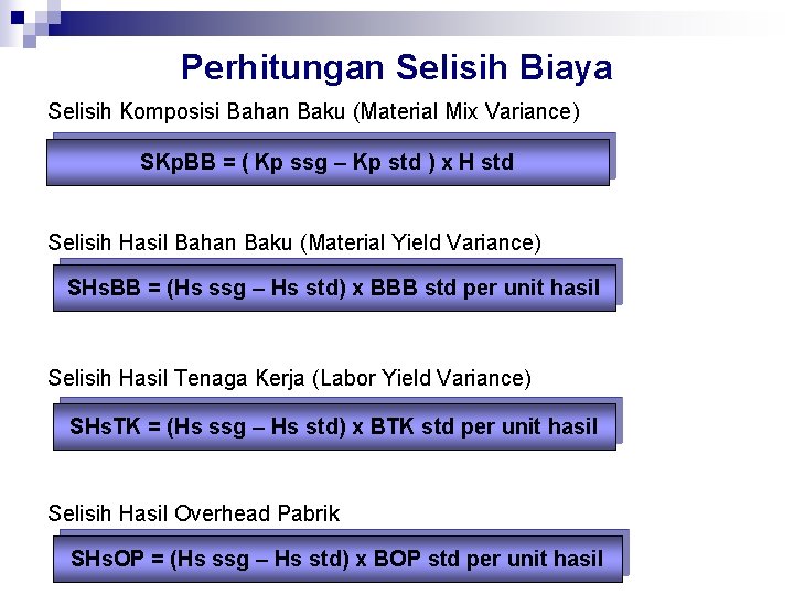 Perhitungan Selisih Biaya Selisih Komposisi Bahan Baku (Material Mix Variance) SKp. BB = (