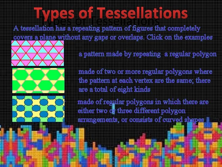 Types of Tessellations A tessellation has a repeating pattern of figures that completely covers