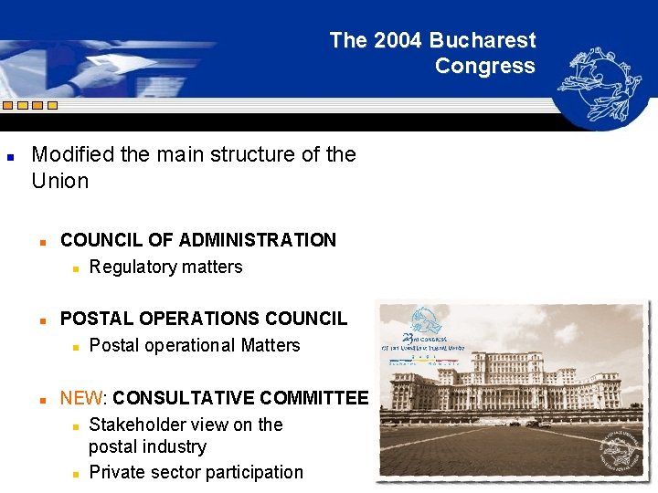 The 2004 Bucharest Congress n Modified the main structure of the Union n COUNCIL The 2004 Bucharest Congress n Modified the main structure of the Union n COUNCIL