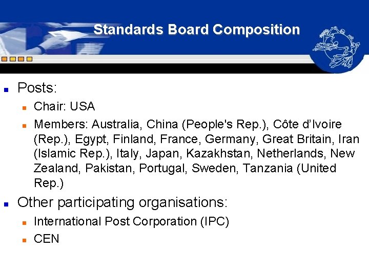Standards Board Composition n Posts: n n n Chair: USA Members: Australia, China (People's Standards Board Composition n Posts: n n n Chair: USA Members: Australia, China (People's