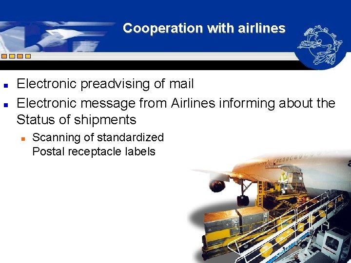 Cooperation with airlines n n Electronic preadvising of mail Electronic message from Airlines informing Cooperation with airlines n n Electronic preadvising of mail Electronic message from Airlines informing