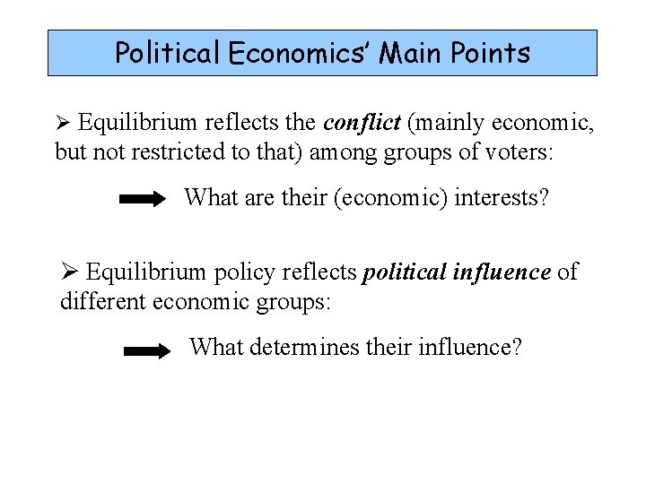 Political Economics’ Main Points Ø Equilibrium reflects the conflict (mainly economic, but not restricted