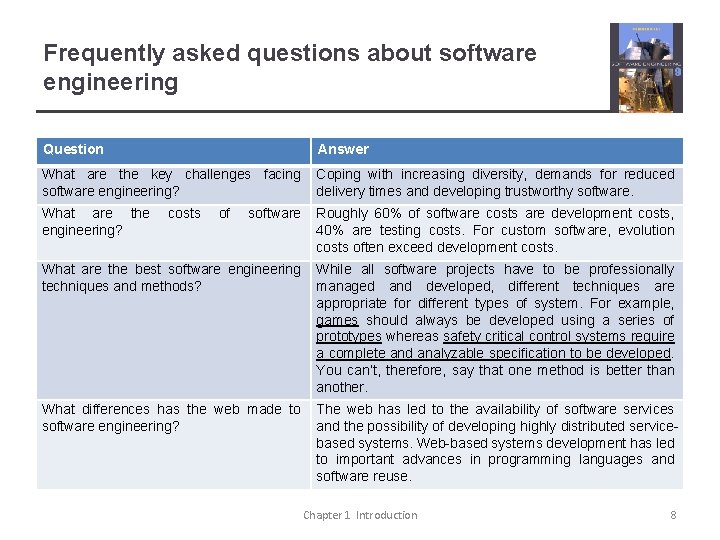 Frequently asked questions about software engineering Question Answer What are the key challenges facing