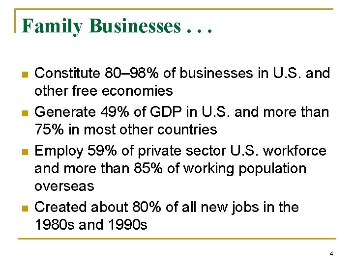 Family Businesses. . . n n Constitute 80– 98% of businesses in U. S.