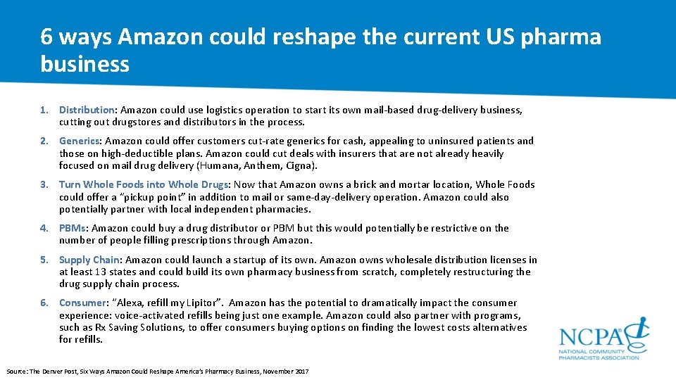 6 ways Amazon could reshape the current US pharma business 1. Distribution: Amazon could