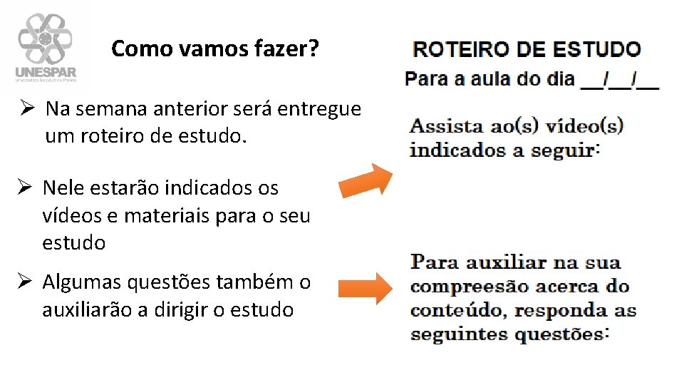 Como vamos fazer? Ø Na semana anterior será entregue um roteiro de estudo. Ø