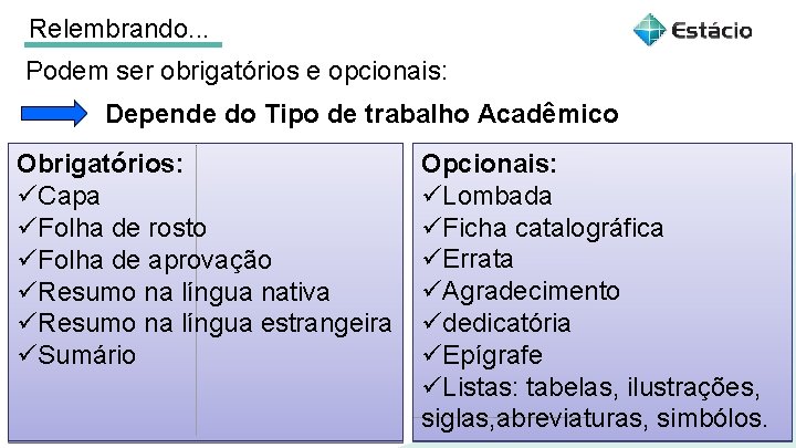 Relembrando. . . Podem ser obrigatórios e opcionais: Depende do Tipo de trabalho Acadêmico