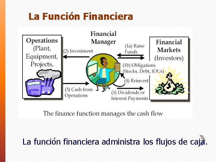 La Función Financiera La función financiera administra los flujos de caja. 