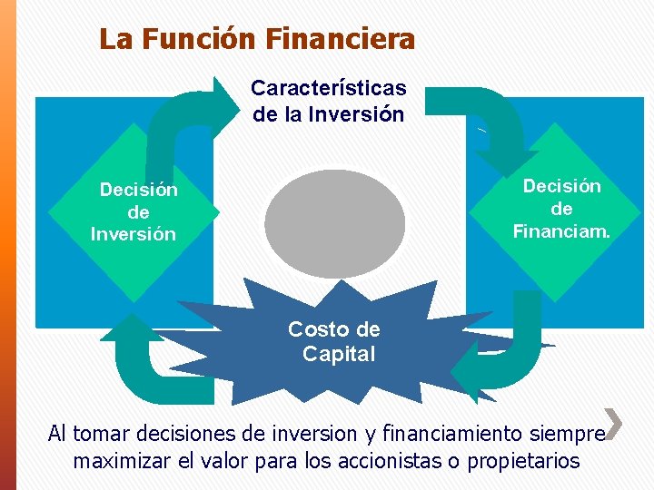 La Función Financiera Características de la Inversión Decisión de Financiam. Decisión de Inversión Costo