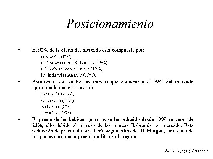 Posicionamiento • El 92% de la oferta del mercado está compuesta por: i) ELSA