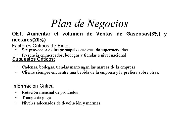 Plan de Negocios OE 1: Aumentar el volumen de Ventas de Gaseosas(8%) y nectares(20%)