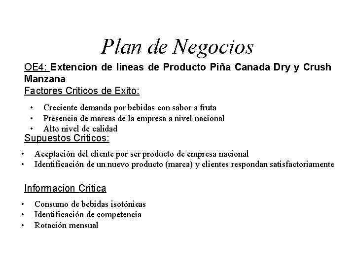 Plan de Negocios OE 4: Extencion de lineas de Producto Piña Canada Dry y